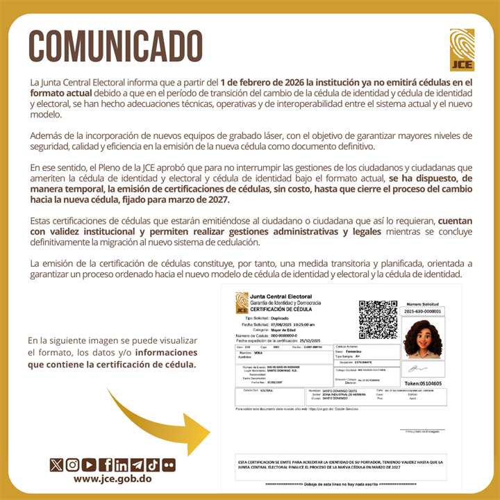 JCE anuncia fin de emisión del formato actual de cédula y certificaciones temporales